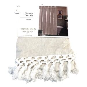 Threshold Ivory Natural Cotton Shower Curtain 72 X 72 Crochet Tassel Boho Fringe